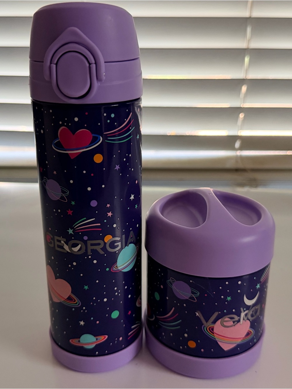 Pottery Barn Purple Space-Print Insulated Bottle and Snack Cup Set